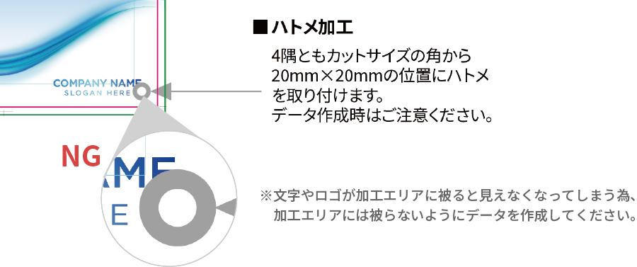文字やロゴが加工エリアに被ると見えなくなってしまう為、加工エリアには被らないようにデータを作成してください。