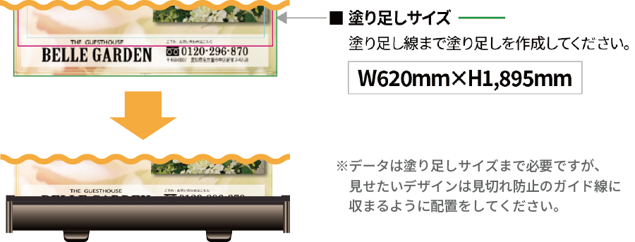 塗り足し線まで塗り足しを作成し、見せたいデザインは見切れ防止のガイド線に収まるように配置をしてください。