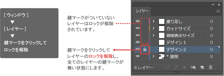 鍵マークをクリックしてレイヤーのロックを解除し、全てのレイヤーの鍵マークが無い状態にします。